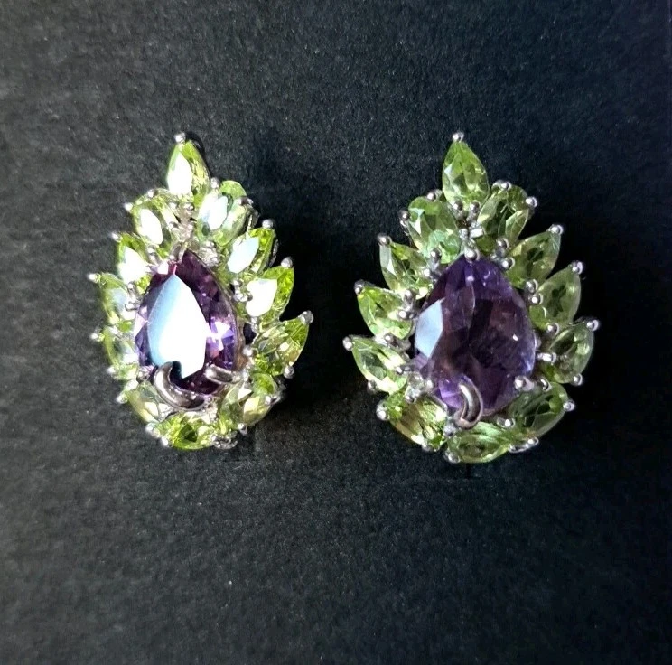 925Silber OHRRINGE Stecker Echte Edelsteine Peridot und Amethyst 14kweißVerg... - Bild 4 von 4