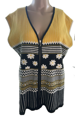 Apriori By ESCADA Yellow/Black/White Funky Zip Up Sweater Vest. Size Large