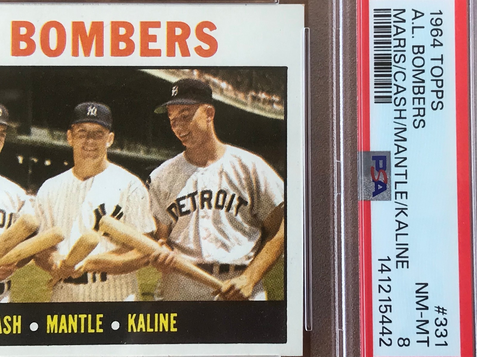 PSA 8 1964 TOPPS #331 MICKEY MANTLE-ROGER MARIS-NORM CASH-AL KALINE A.L. Bombers view 1