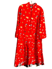 Montgomery Ward 70s Red Floral Long Maxi Lounge Dress Sz 14-16  Zip Front VTG