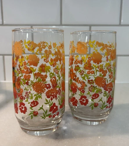 2 Anchor Hocking Floral Tumblers Drinking Glasses Orange Red Yellow Cottage VTG