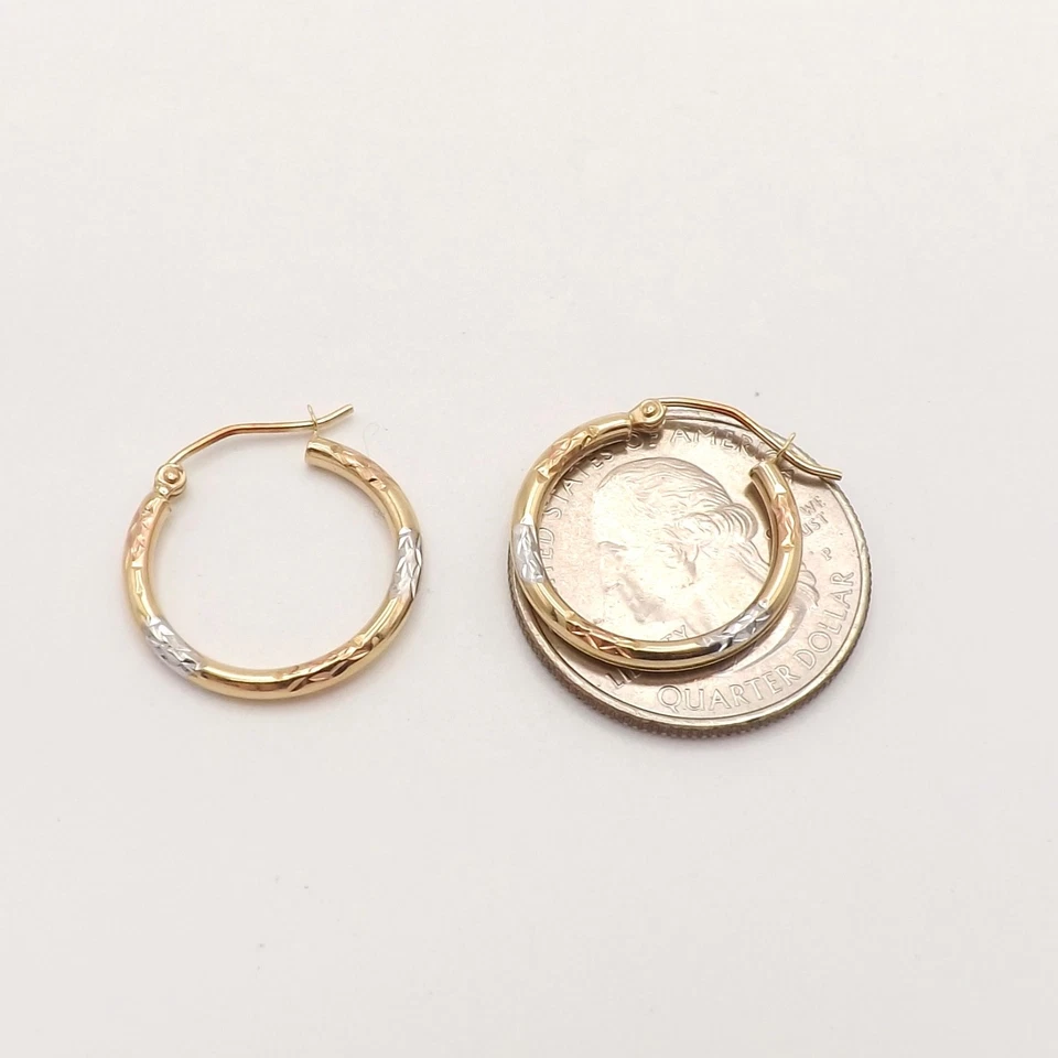 Solid 10k Tricolor Gold Round Hoop Earrings Diamond Cut Yellow Rose White - Image 2 of 4