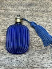 Vtg. Blue Perfume Glass Bottle w Fringed Blue Tassel Refillable *SOMETHING BLUE*