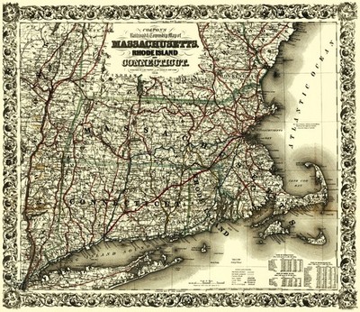 Railroad Map - Massachusetts Rhode Island Connecticut - Colton 1853 - Vintage