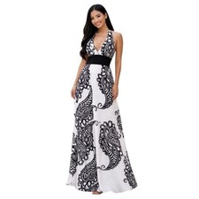 White House Black Market Halter Maxi Dress Black White Paisley Silk Lined 10