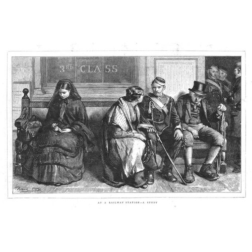 SOCIAL HISTORY At a Victorian Railway Station, A Study - Antique Print 1872