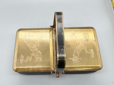 VINTAGE SCHWARZ & MESSING FUSS DOPPELDECKEL GRAVIERT WASCHTISCH SPIELUHR SCHMUCKKÄSTCHEN