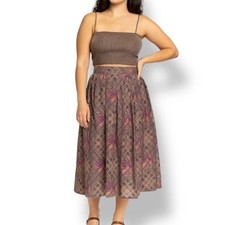 Vintage 90s Rayon Midi Skirt Taupe Purple Paisley Lattice Plaid Print High Waist