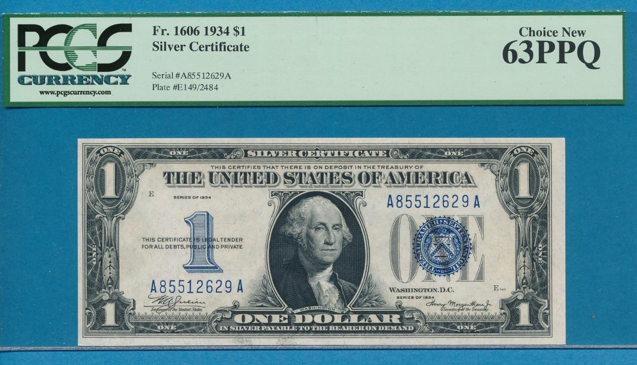$1.00 1934 FUNNY BACK  BLUE SEAL SILVER CERTIFICATE PCGS CHOICE NEW 63PPQ