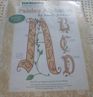 Martha Pullen/Sew Beautiful PAISLEY ALPHABET By Sandy Jenkin Emb CD-ROM Original