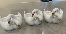 Set 3 Vintage Double Hugging Love Swans Planter Bowl Figurine White Geese Decor
