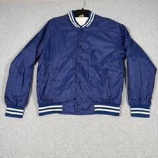 Vintage 80s Sears Mens Blue Nylon Varsity Bomber Jacket Snap Front Large L REG