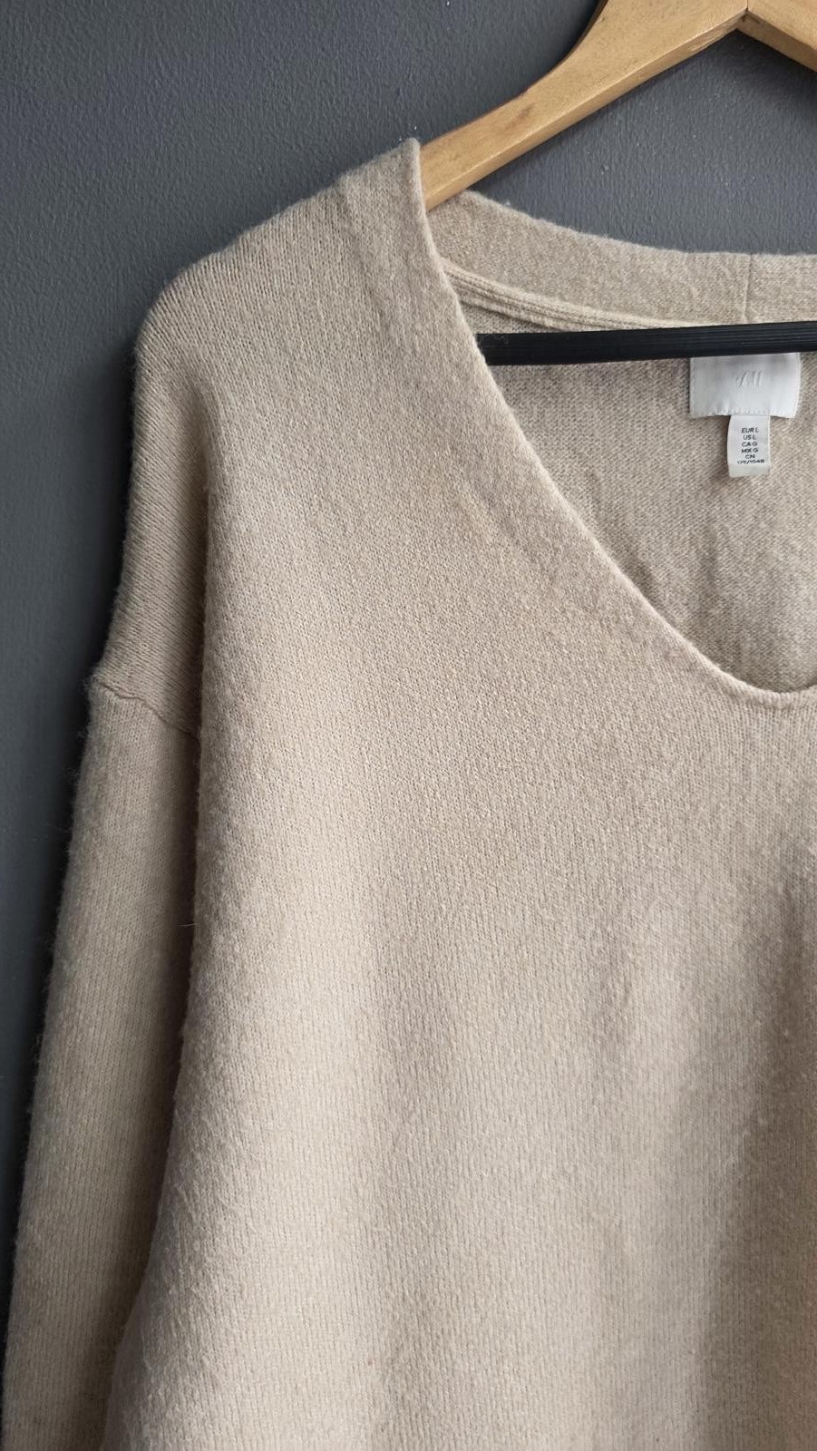 H&M Oatmeal Oversized V-Neck Jumper Sweater Soft Knit Slouchy L Wool Stretchy image 2