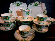 Art Deco ParagonTea Coffee Set Service Trios Bowls Cake plate Green Flowers
