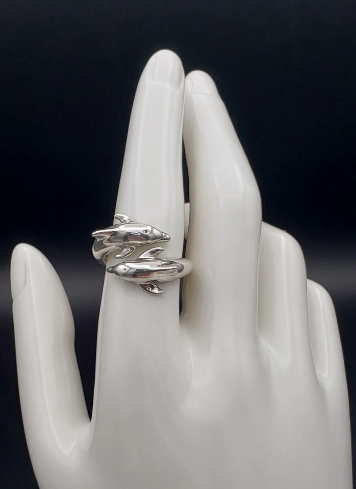 Anillo Kabana Vintage Plata Esterlina Dos Delfines Saltadores Bypass Talla 7.75 Foto 4 de 4