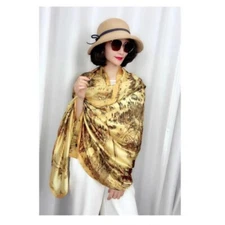 Silk Scarf Shawl Long Wrap Chinese Scroll Print Sun Protection Cover for Women