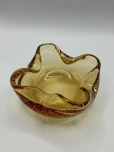 Vintage Murano? Art Glass Bowl Candy Dish Ashtray Amber Controlled Bubble