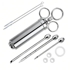 Meat Seasoing Injector Syringe BBQ Smoking Grilling w/ 3 Needles Stainless Steel