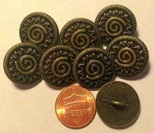 8 Antiqued Brass Tone Metal Shank Buttons Almost 13/16" 20.3mm 9564