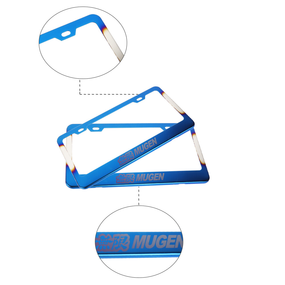 Mugen-Style Burnt Blue Stainless Steel License Plate Frame – Universal With Screw Caps
