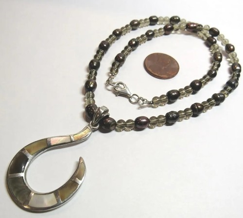 All Sterling 925 Silver Pendant Necklace Abalone MOP Hook Pearl Quartz Stone 17" - Picture 2 of 10