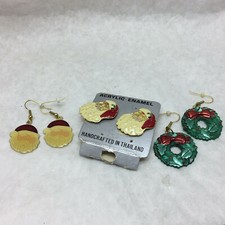 3 Christmas Pierced Earrings Santa and Wreaths Acrylic Enamel