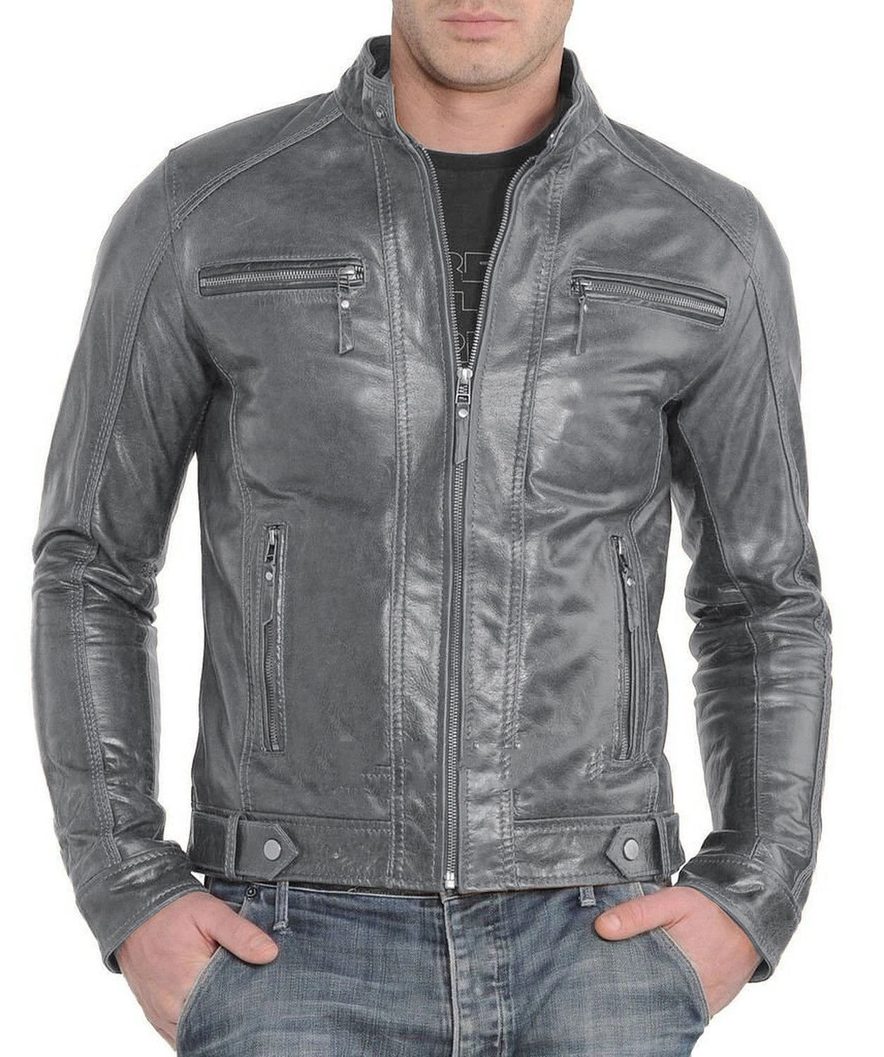 Men's Gray Leather Jacket Real Lambskin Napa Skin Motorcycle Size S M L XL - 122