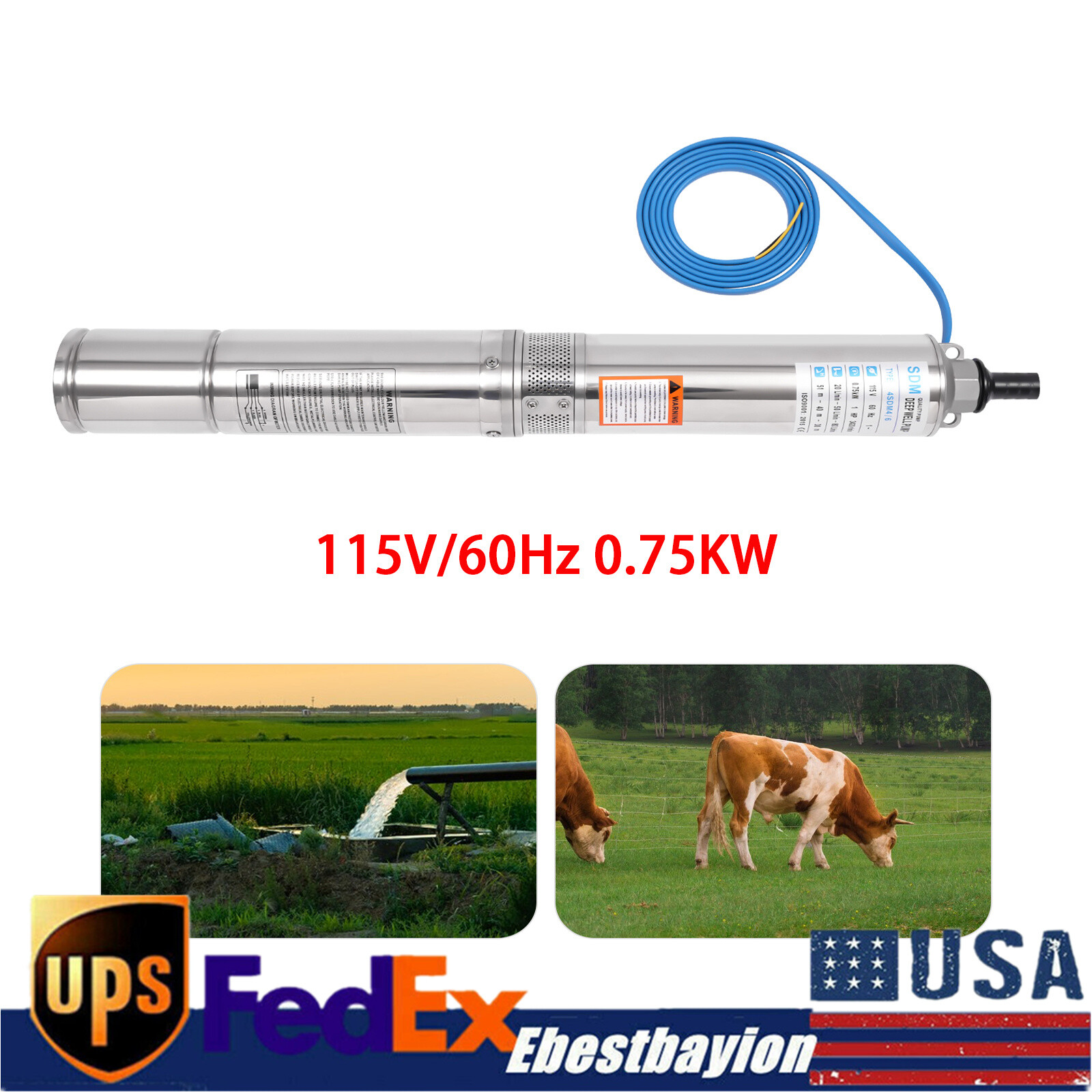 Deep Well Pump Stainless Steel Water Well Pump Submersible Water Pump 0.75KW