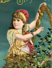 1870's-80's Estey Organ Co. Lovely Girl Playing Gold Harp Night Sky P172