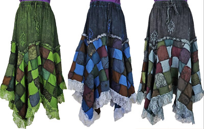 Handmade Bohemian Hippy Patchwork Skirt Festival Cotton Elastic Lace Dress S31