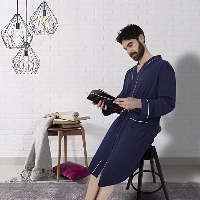 Albornoz para Hombre Bata Tejida Ligera Verano Mezcla Algodón Albornoz NY Hilos Foto 2 de 4