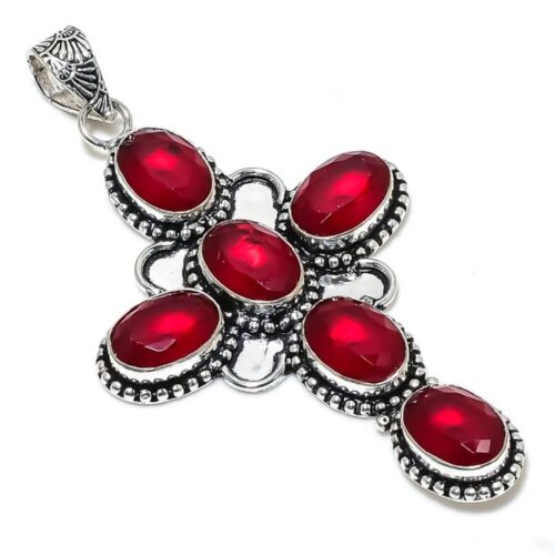 Ruby(Simulated) Gemstone Handmade 925 Sterling Silver Pendant 3.47" Love Gift B9 - Picture 1 of 6