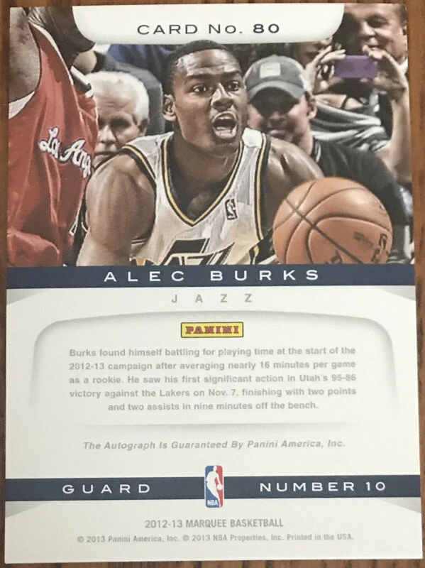 2012-13 Panini Marquee Rookie Signatures Alec Burks #80 Utah Jazz - Image 2 of 2