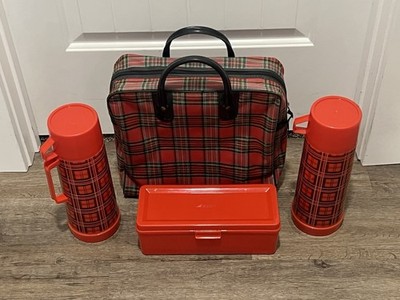 Vintage Never Used Aladdin Red Plaid Picnic Set of 2 Thermos