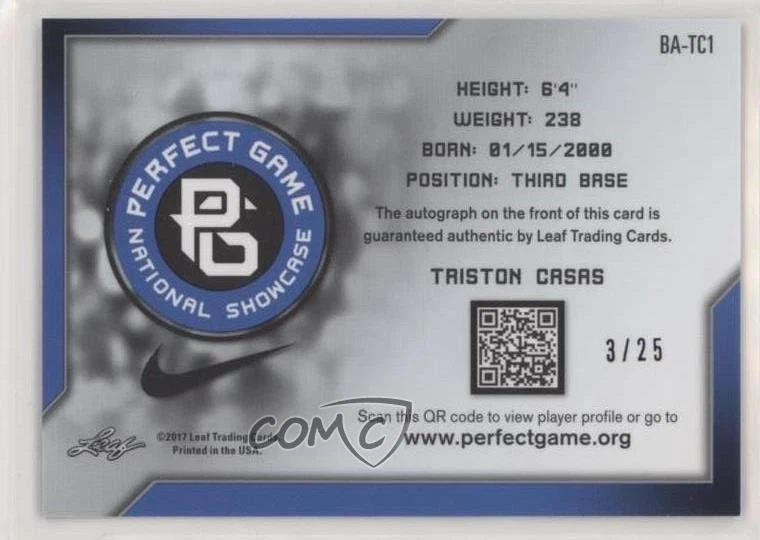 2017 Leaf Perfect Game National Showcase Purple Prismatic /25 Triston Casas Auto - Image 2 of 2