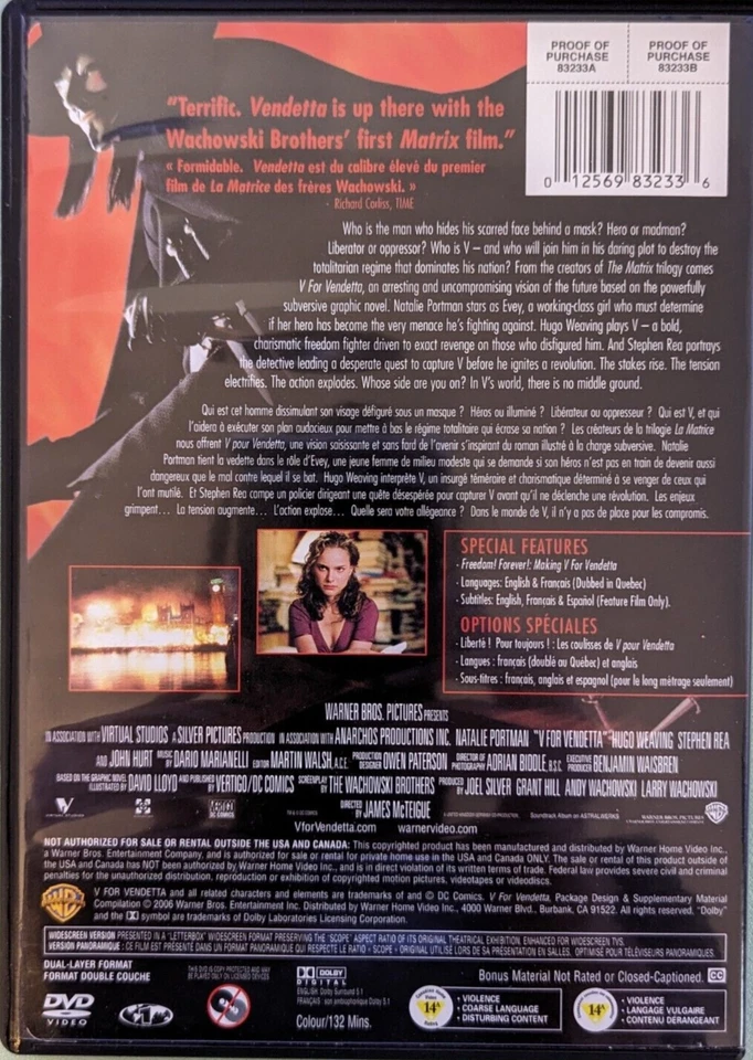 V For Vendetta (DVD, 2006, Canadian, Widescreen Edition) - Image 2 of 3