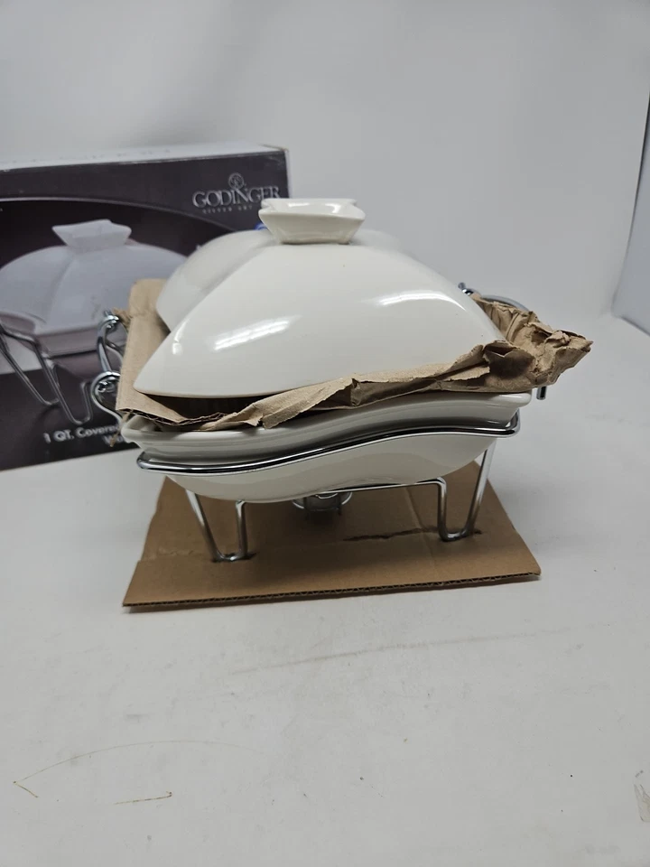 SIENNA by GODINGER White Ceramic Covered Chafing / Casserole Dish & Metal Stand - Image 3 of 4