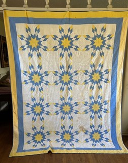 Antique Early 1900's Blue Yellow Stars 72 X 96 Great Cutter Farmhouse