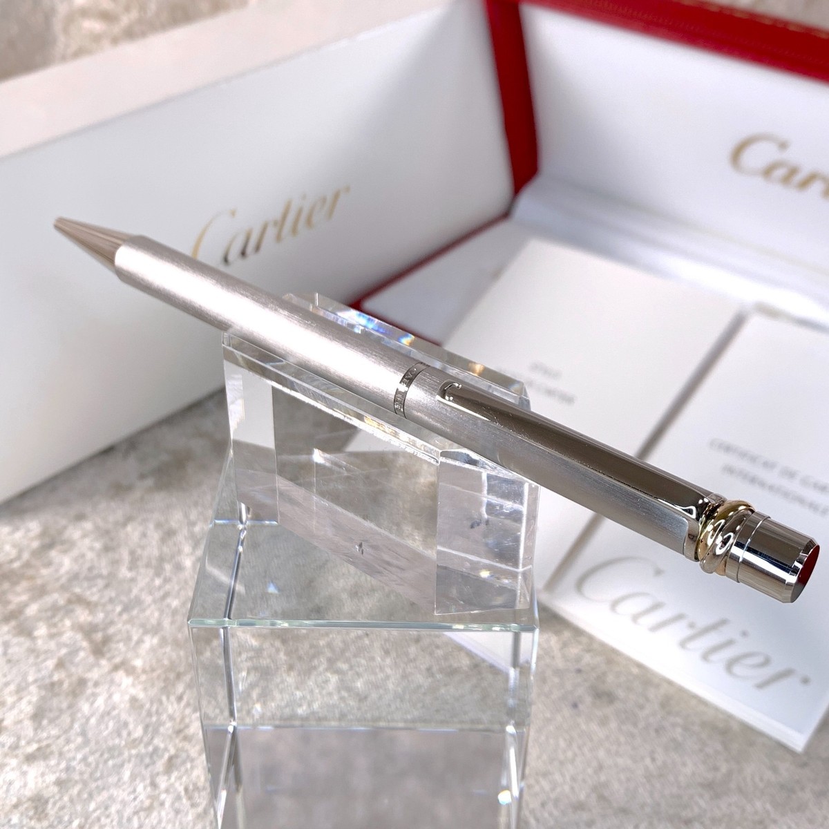 Cartier Ballpoint Pen Trinity Brushed Silver Platinum Finish with