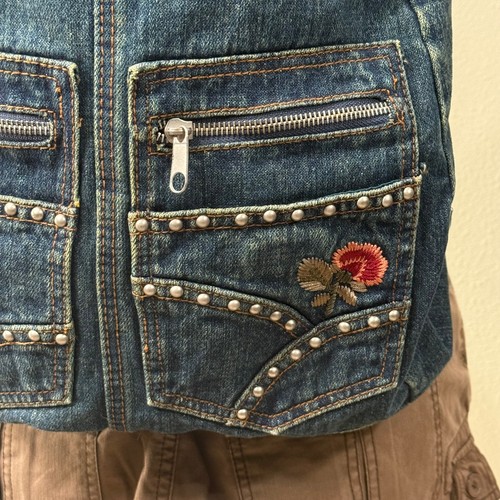 Nieten Blumen bestickt Denim Jeans Rucksack Fee Grunge Vintage 90er Y2k - Bild 3 von 7