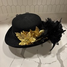 VTG 80s Arlin Church/Derby Dress Hat Black Wool Gold Leaves Bow Feather Trim USA