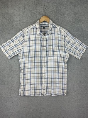 はと Eddie Bauer Shirt Mens Large White Blue Plaid Classic Short Sleeve
