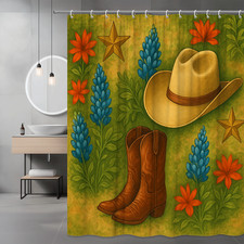 Cowboy Floral Shower Curtain with Hat and Boots Decor