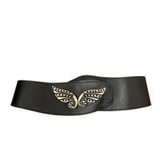 Vintage age 80s Black Wide Belt with Gold Winged Buckle