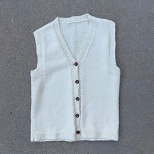 Vintage Cottagecore Cream Chunky Knit Boho Sweater Vest Medium 