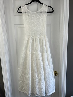 Zara Off White Cutwork Embroidered Midi Open Tie Back Summer Dress size S