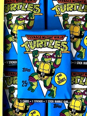 1990 TOPPS TEENAGE MUTANT NINJA TURTLES serie 2 TV PACK 5 carte 1 adesivo 1 gomma