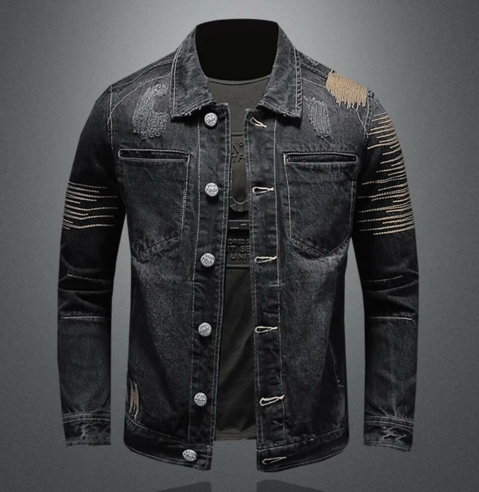 SLAY. Men's Black Contrast Stitch Denim Cotton Biker Jacket For Men