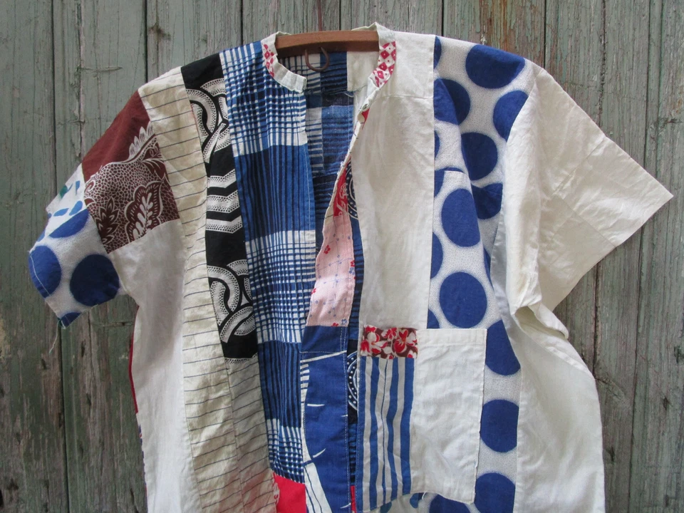 Chemise manches courtes véritable Patchwork tissu ancien Fait main Vintage - Photo 3/4
