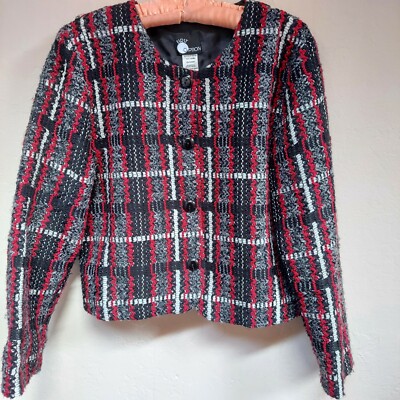 First Option Womens Medium Gray Red Plaid Button Down Crop Blazer Jacket Lined